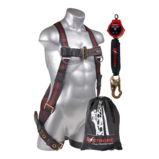 Kapture Elite Full Body Harness - 5 Pt Adj with TB Legs - 6ft SRL with 1 Snap Hook - 1 Carabiner & Storage Bag - Combo Kit - All Sizes