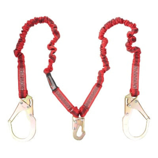 Shock Absorbing Lanyard - Elasticated Design - Twin Leg - 1 Snap Hook - 2 Rebar Hooks - 4.5ft - 6ft