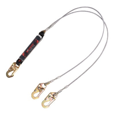 Shock Absorbing Lanyard - Clear Shock Pack - Wire Cable Leading Edge - Twin Leg - 3 Snap Hooks - 6ft